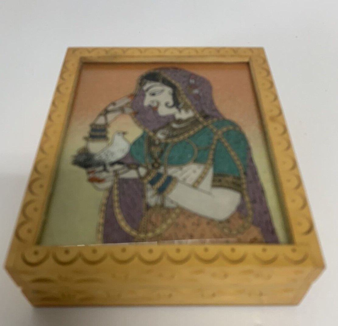 Indian Crushed Gemstones Handcarved Wood Trinket Box 5.5" X 4.5" X 2.5"