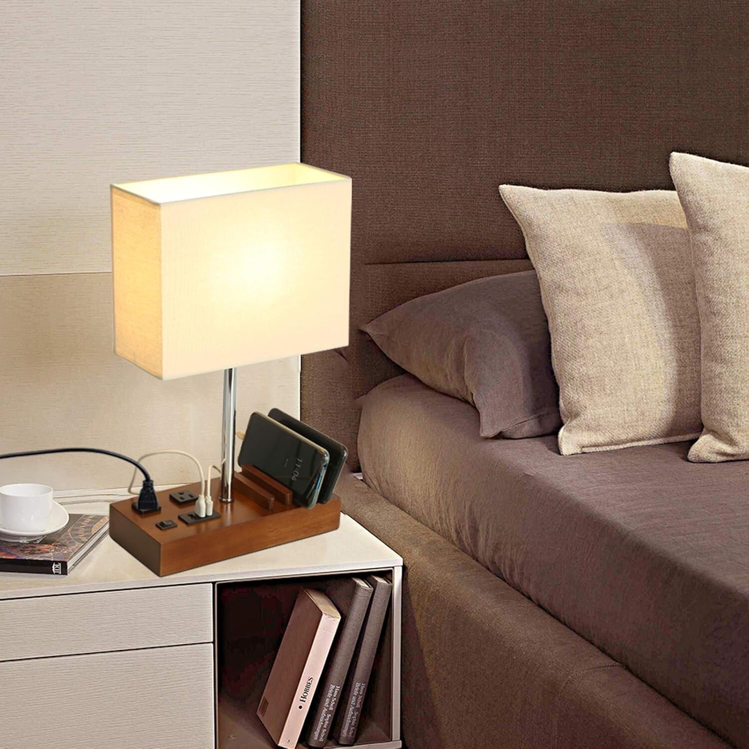 Elegant USB Table Lamp with 2 AC Outlets & 3 Charging Ports for Versatile Use