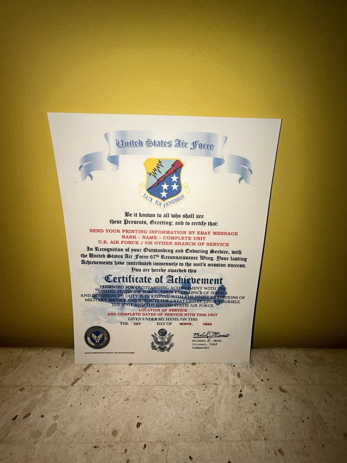 U.S.A.F. / AIR FORCE 67TH RECONNAISSANCE WING - CERTIFICATE OF ACHIEVEMENT