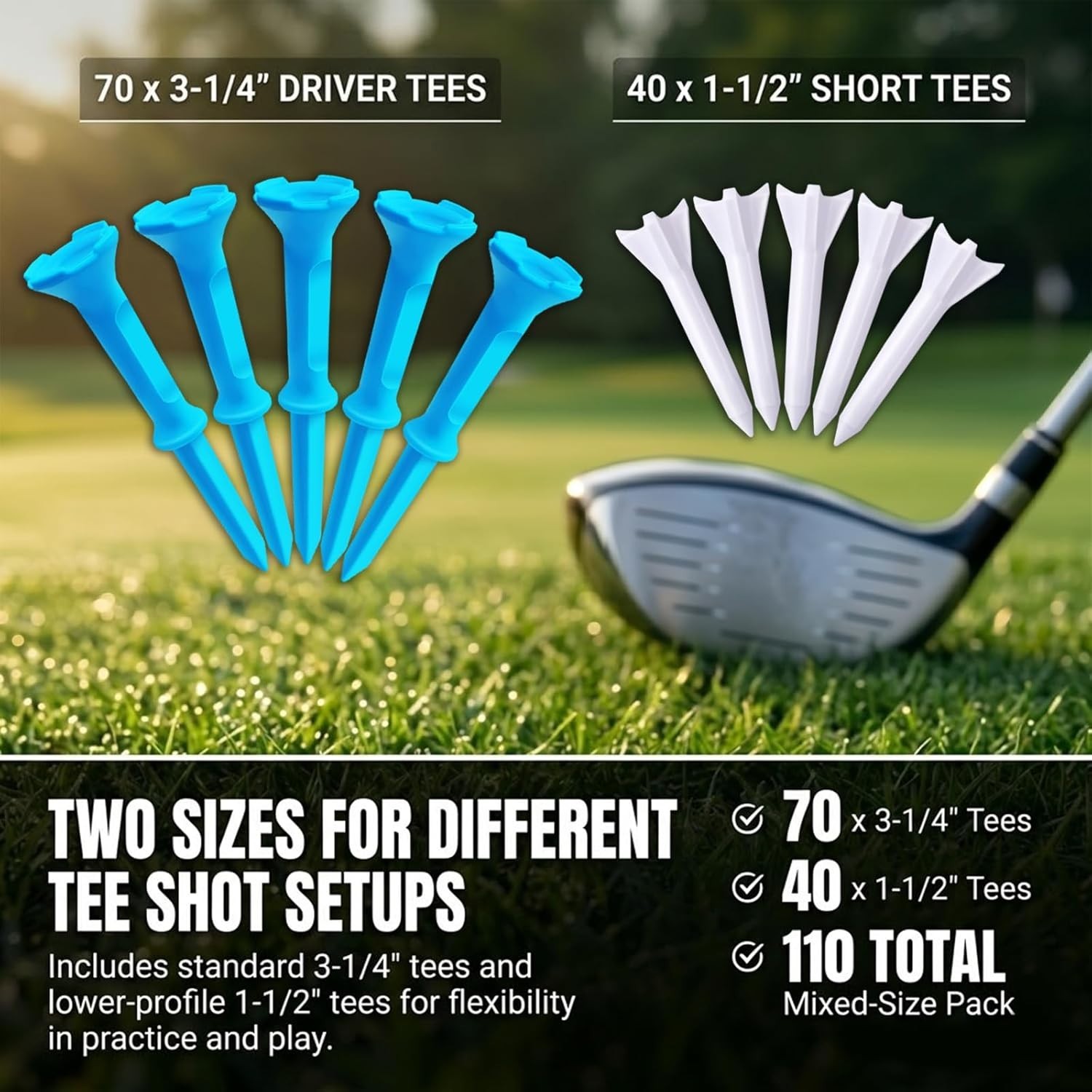 Stepped Golf Tees, 110 Count Plastic Golf Tees, Fixed Tee Height Golf Tees with