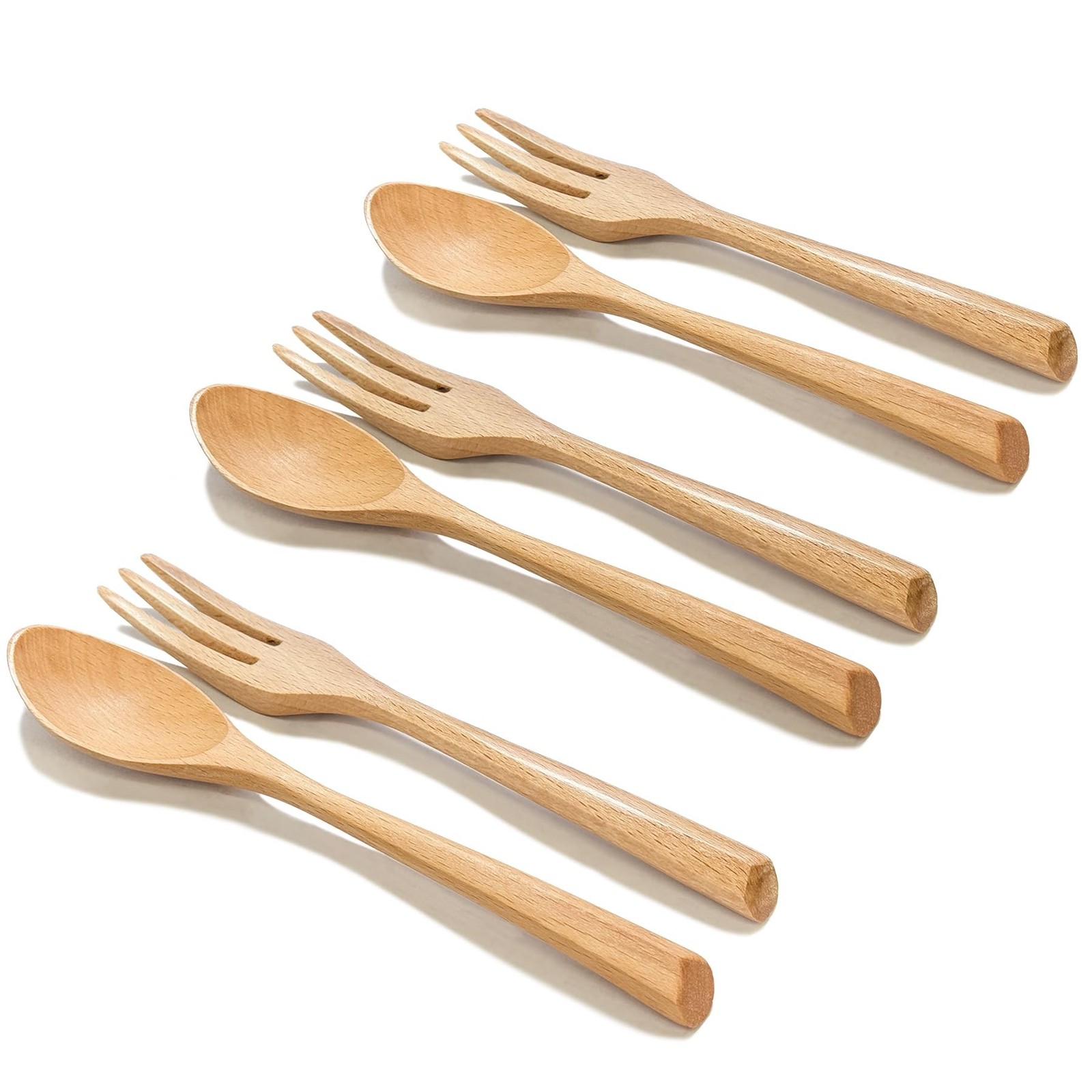 6Pcs Wood Soup Spoons And Forks Sets 7.5In Natural Wood Eating Utensils Woode...