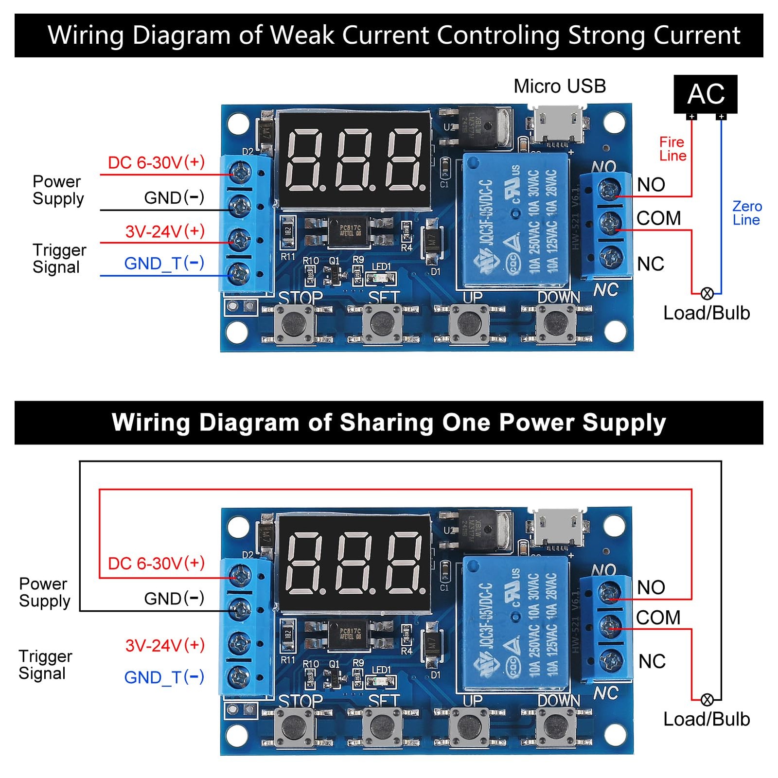 JUZITAO 6pcs DC 6-30V Timer Relay Programmable Delay Module Cycle Blue