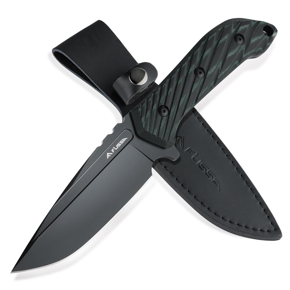 FLISSA 10" Hunting Knife with Leather Sheath Full Tang Fixed Blade Camping Knife