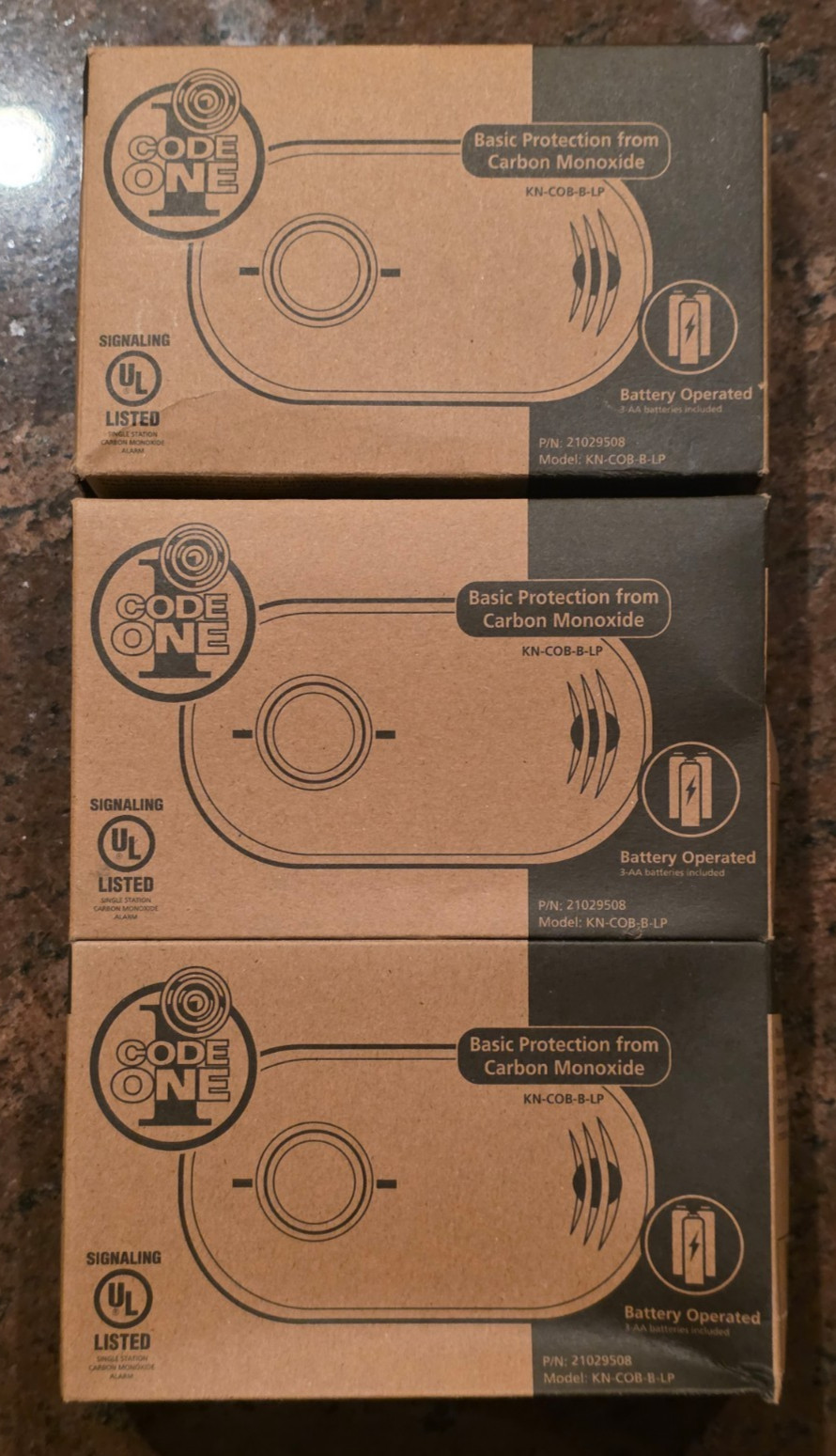 Lot of 3 Kidde Code One KN-COB-B-LP Nighthawk Battery Carbon Monoxide Alarm
