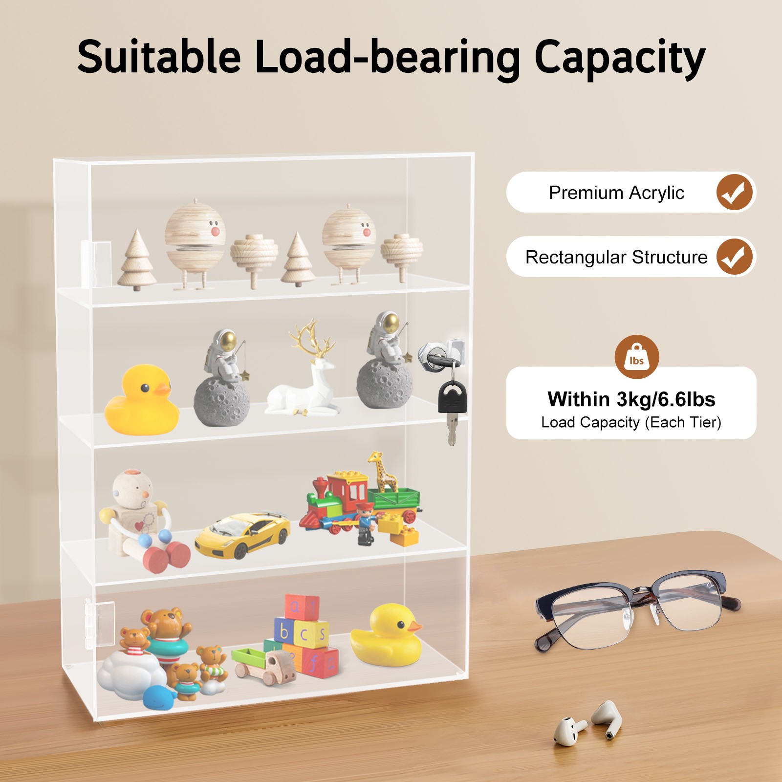 Acrylic Display Case Countertop Clear Box Dustproof Shelves Showcase With Lock
