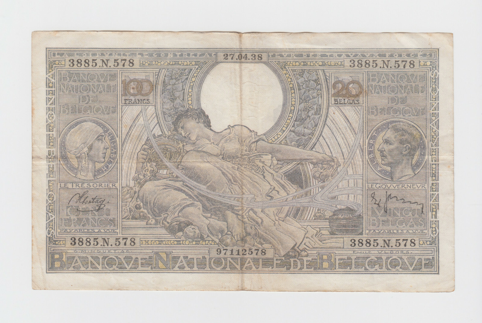 BELGIUM P.107-2578  100 FRANCS 27.04.1938  FINE  LOW SHIPPING  WE COMBINE 2111