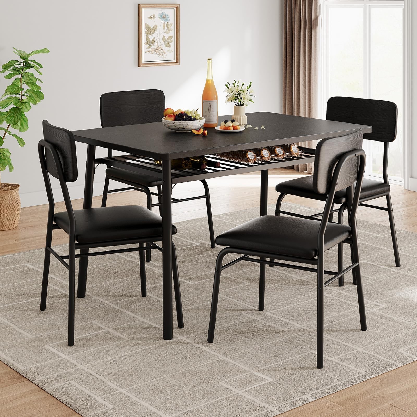Dining Table Set for 4 with Storage Rack, Chairs w/ Upholstered Chairs Table Set