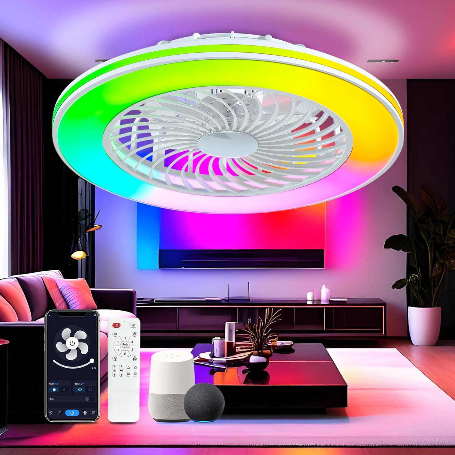 24'' Low Profile Bladeless Ceiling Fans with Lights, Remote/App/Alexa Smart Cont