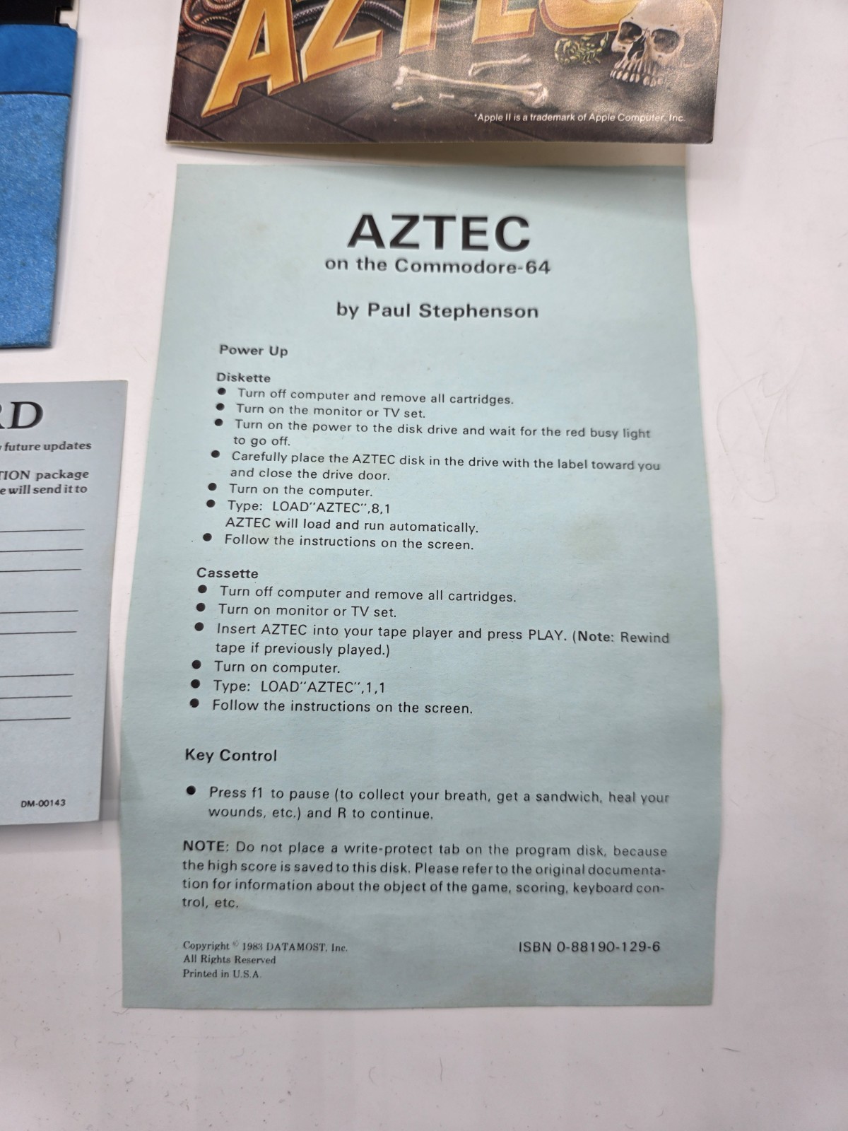 1982 Aztec (Adventure) Commodore 64 Diskette Datamost & Paul Stephenson Rare Cib