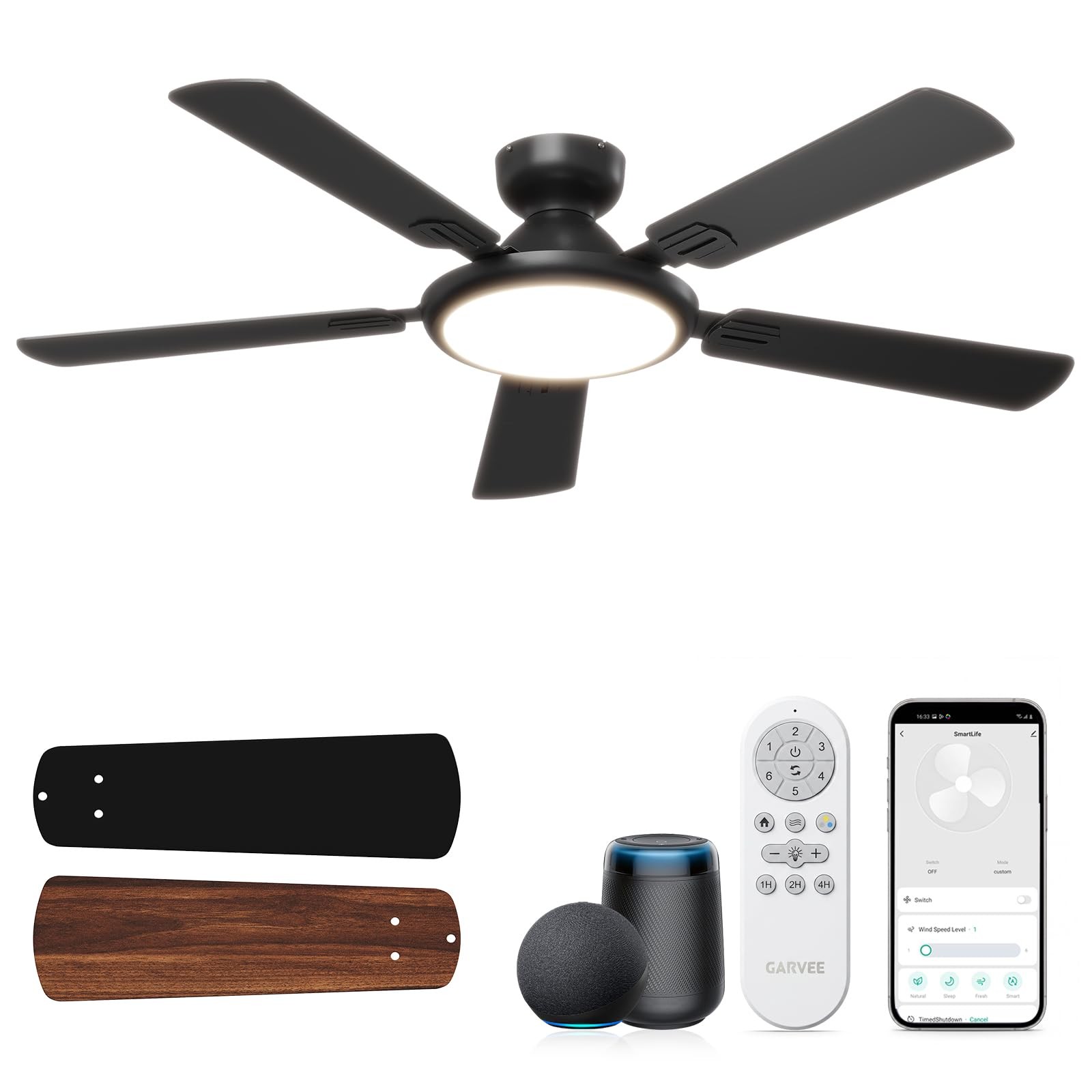 52 Inch Smart Ceiling Fan Light Kit, WiFi App Alexa Voice Control Flush Mount