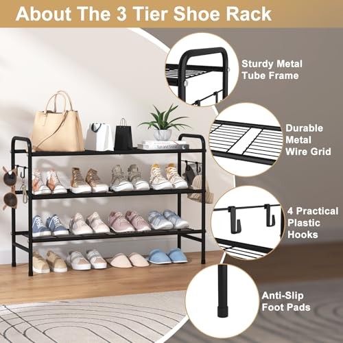 3 Tier Shoe Rack 33" Wide Metal Shoe Organizer Long Shoe Storage with 4 Black
