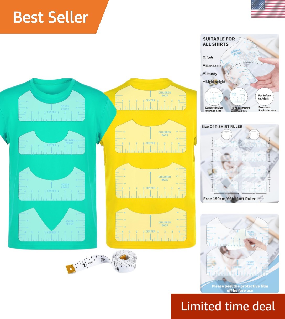 Essential 9pcs T-Shirt Ruler Guide with Soft Tape for Seamless Vinyl Transfers