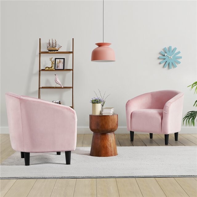 Pink Accent Barrel Chair Rounded Comfortable Velvet Wood leg Living Room Bedroom
