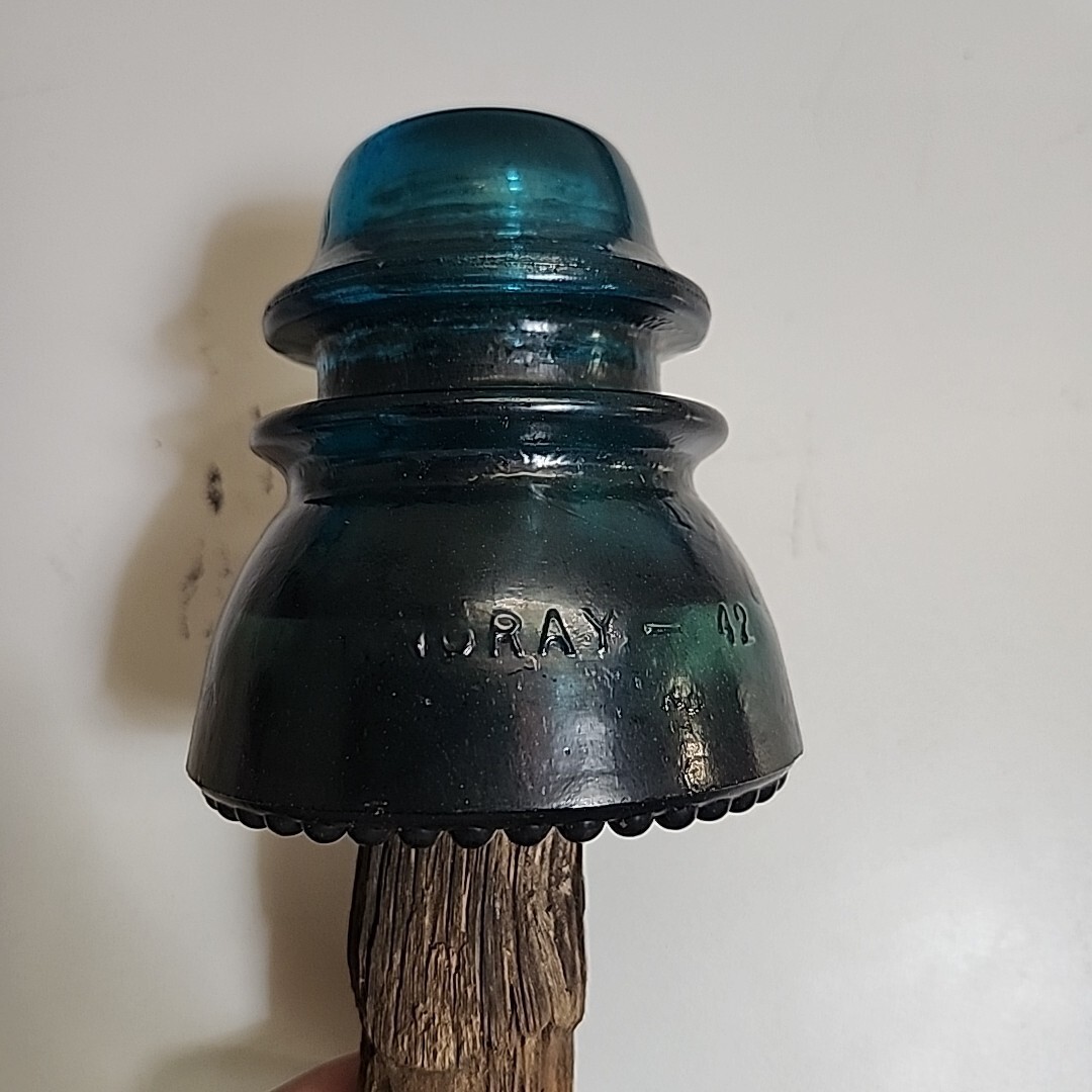 Antique Glass High Voltage Pole Insulator Hemingray Brookfield Wooden Peg Blue