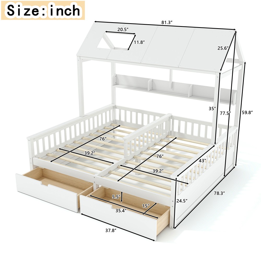 White Double Twin Platform Bed w/ Storage Shelves & Drawers