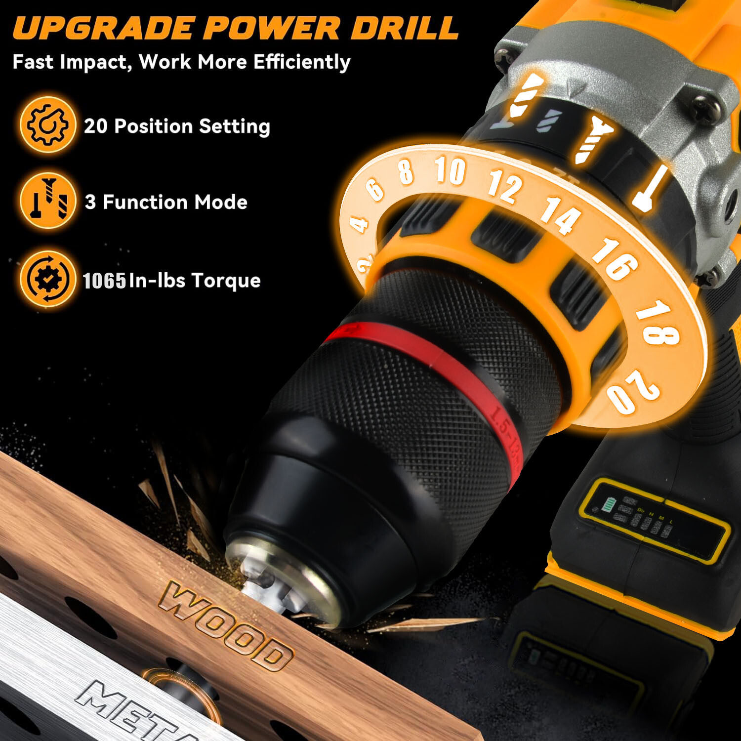 Cordless Drill Driver for Dewalt 20V Battery, Brushless 1/2" Compact Drill Tool