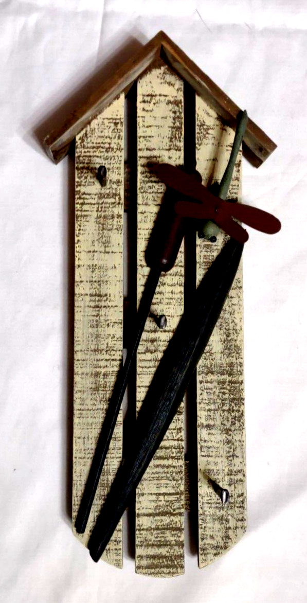 Wooden Sleigh Sled Hanging Wall Decor Cottage Dragonfly 12" VTG Key Hooks