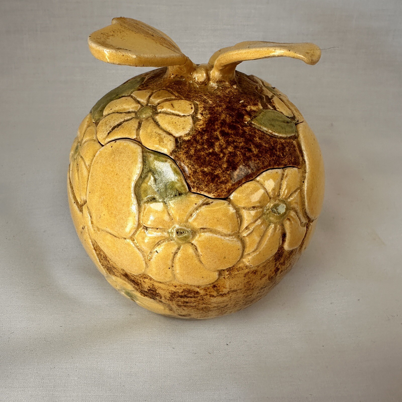 Signed VTG Pottery Butterfly Dish 1982 - yellow earth tones 4.5" x 4" - Repaired