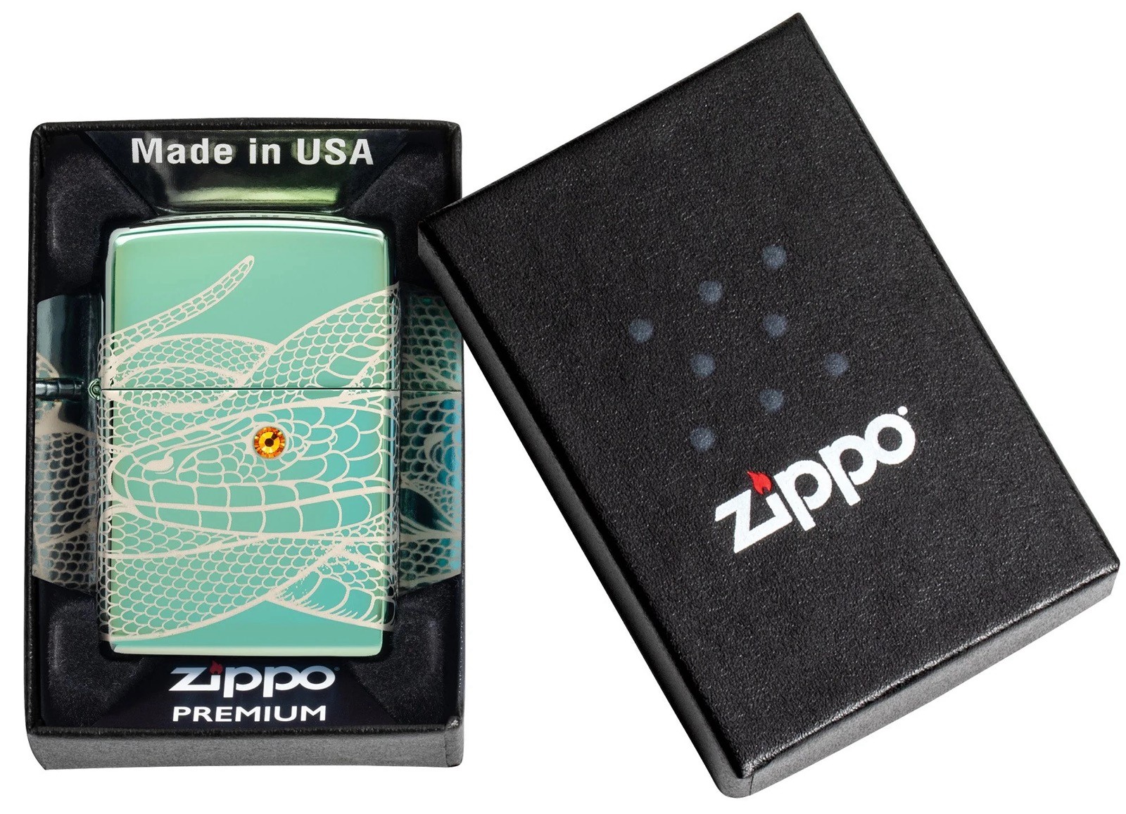 Genuine HIGH POLISH GREEN ZIPPO Laser 360 Lighter 28129 JEWELLED EYE SNAKE BNIB