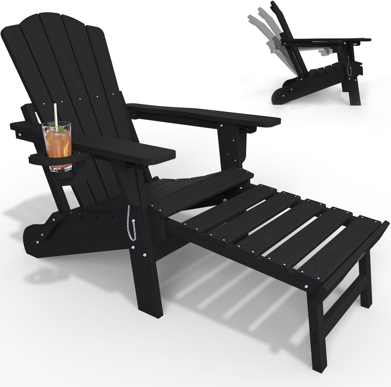 Adjustable Black Folding Adirondack Chair with Ottoman & Cup Holder