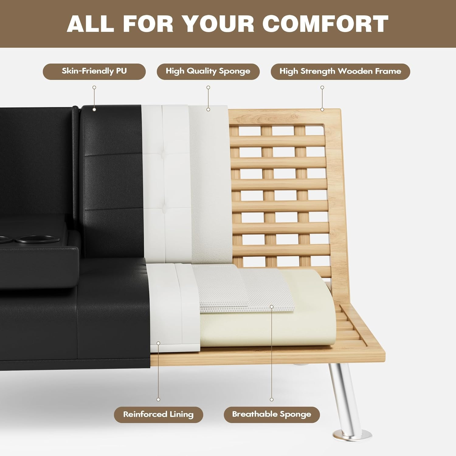 Futon Sofa Bed Leather Couch Recliner with Removable Armrests Cup Holders Black