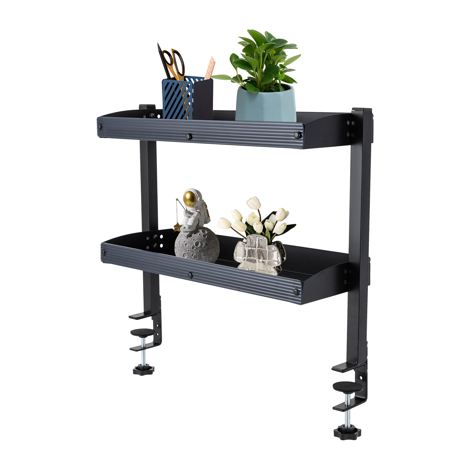 Desktop or Under-Desk Shelf Clamp-on 2-Tier Shelving W/ Adjustable Storage Tray