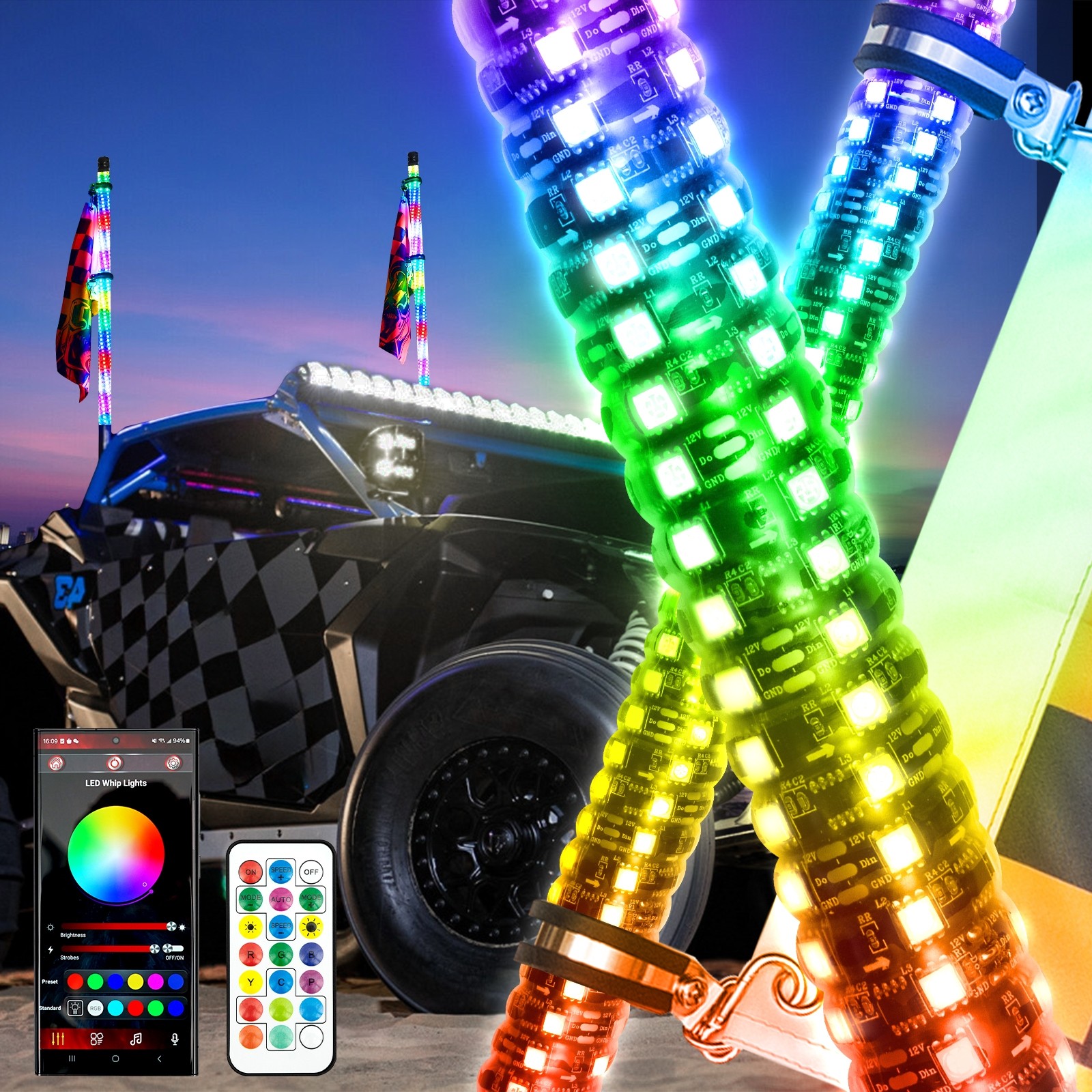 AUXBEAM LED Whip Lights Antenna RGB Chasing bluetooth For Can-am X3 RZR UTV ATV