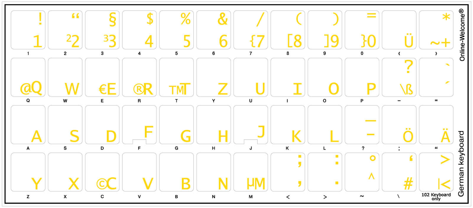GERMAN  KEYBOARD STICKERS FOR COMPUTER LAPTOPS TRANSPARENT YELLOW LETTERS NEW
