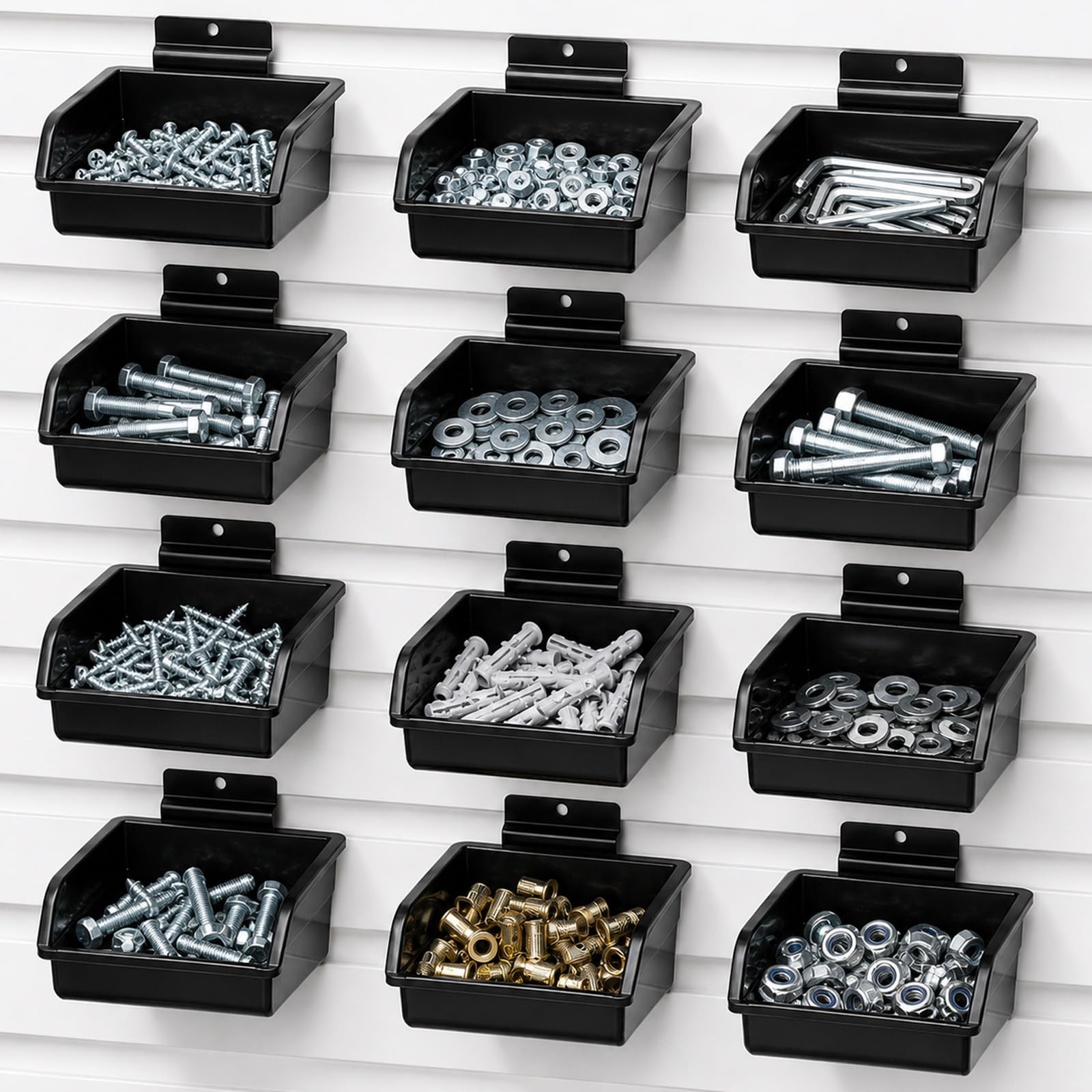 12 Pack Slatwall Bins with Hooks, Heavy-Duty Metal Hook & ABS Plastic Organiz...