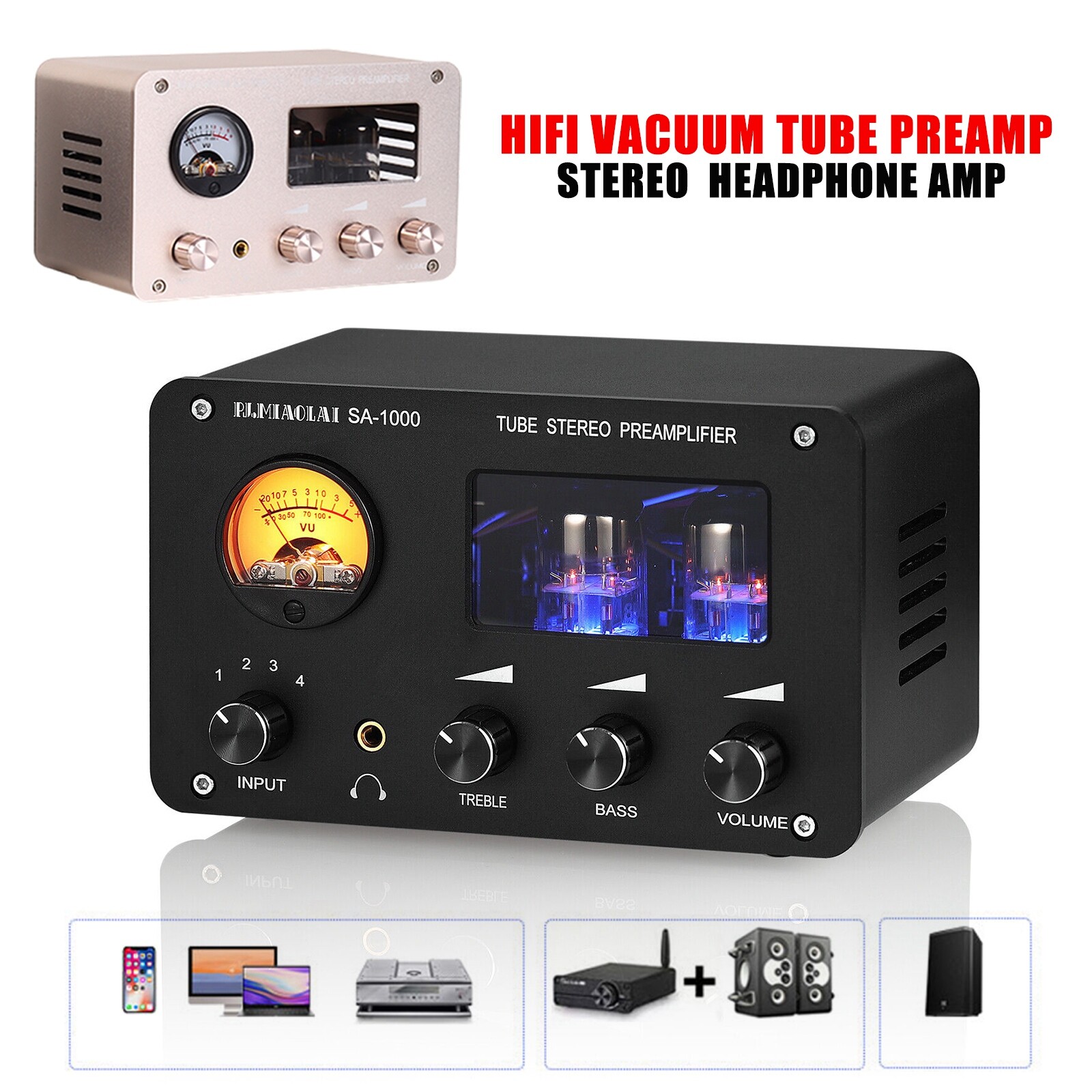 4-way HiFi Vacuum Tube Preamp Stereo Desktop Headphone Amp  Audio Switcher Box