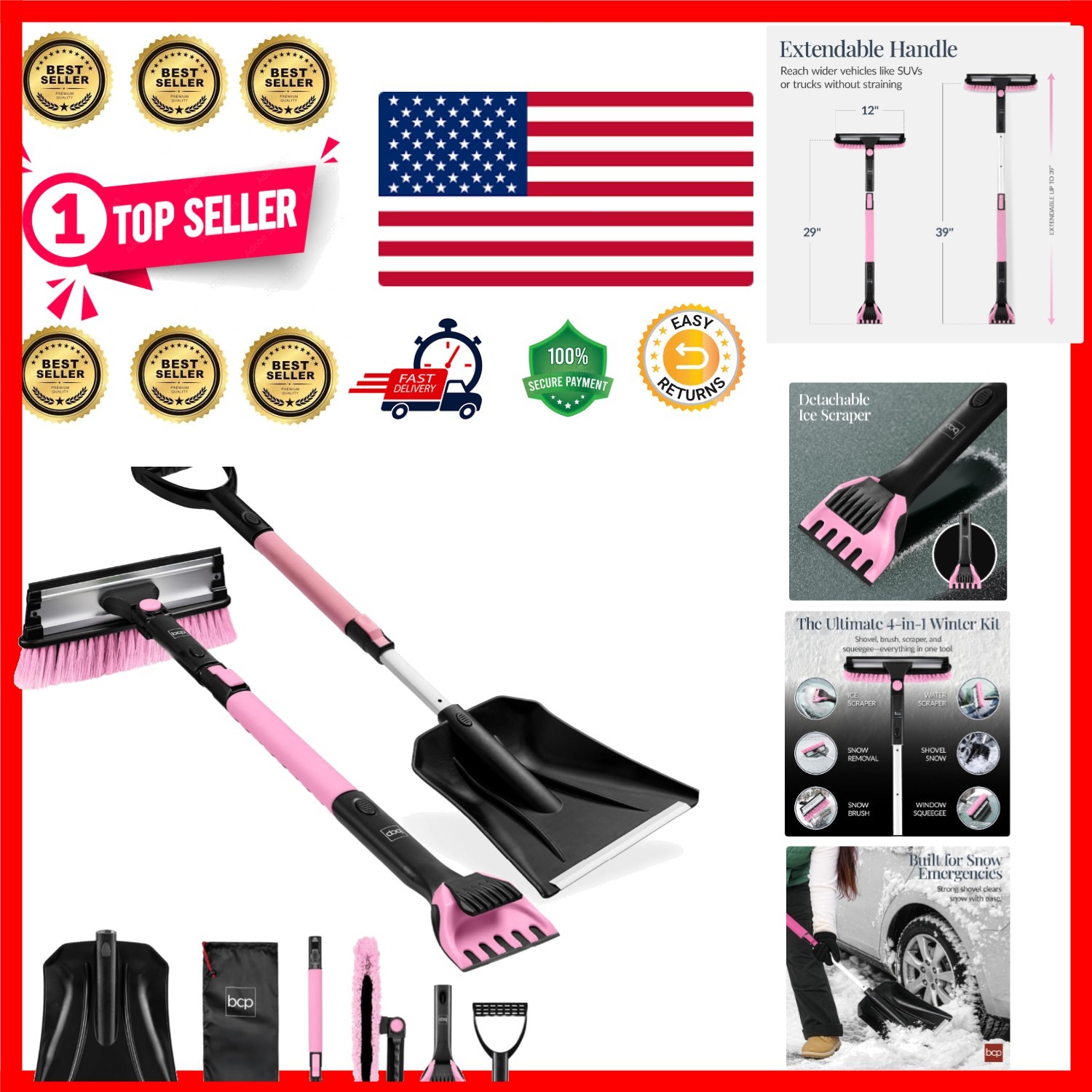 4 in 1 Snow Brush with Shovel, Squeegee & Ice Scraper, Up to 39" Extendable F...