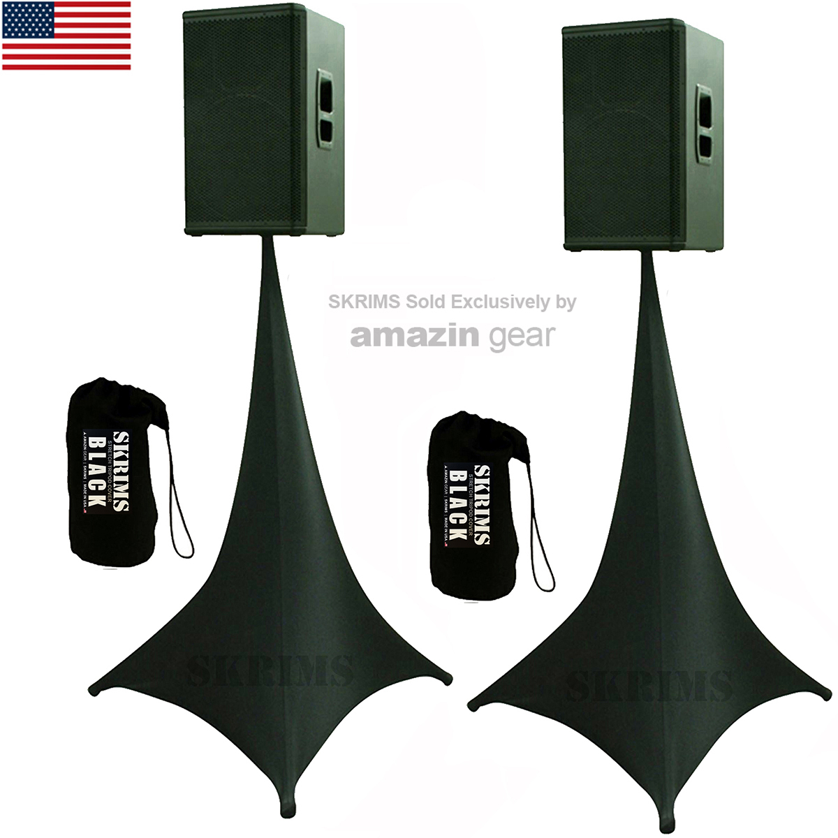 Amazin Gear SKRIMS 3-Sided Speaker Stand Covers Tripod Scrims +2 Bags Black Pair