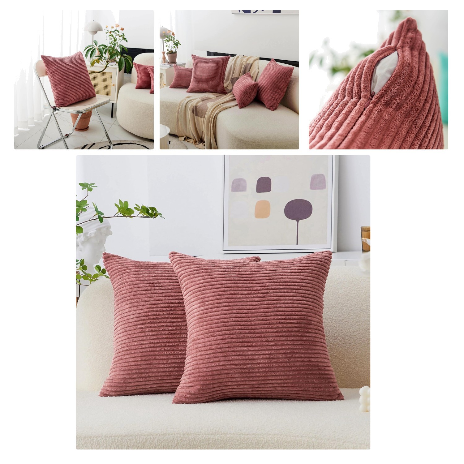 Elegant 18x18 Velvet Corduroy Pillow Covers - Set of 2 in Dry Rose Pink