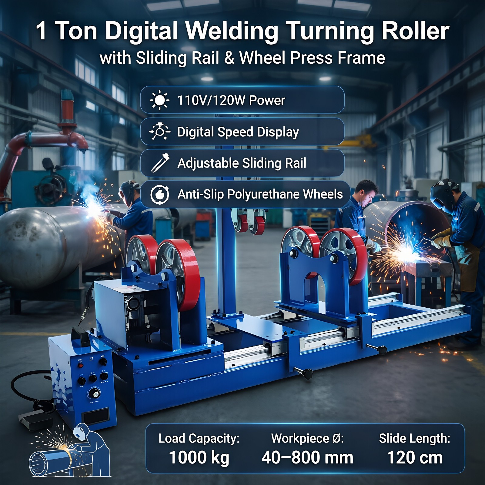 1T Welding Positioner Rotator Press Wheels & Sliding Rail Foot Pedal & Auto Mode