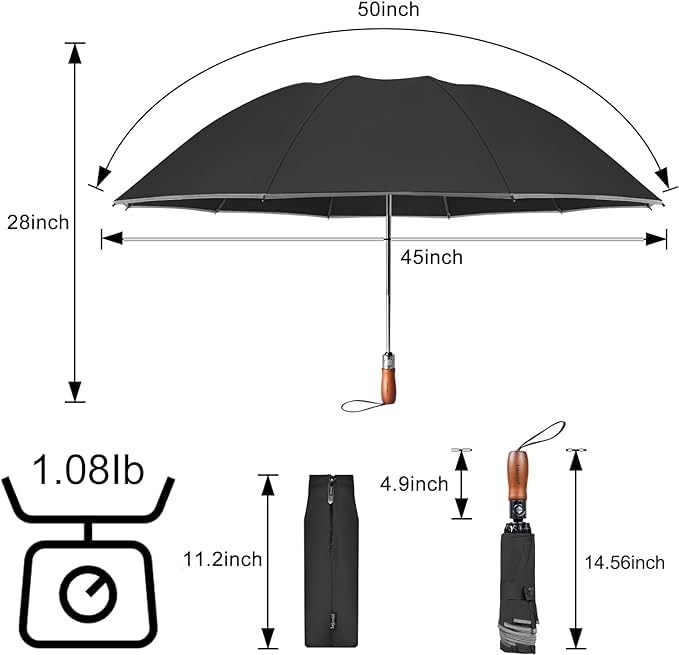 Lejorain Large Reverse Umbrella -50 Inch Windproof Folding Large, Black