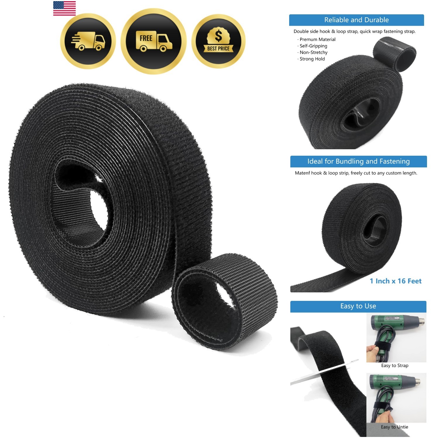 Double-Sided Hook and Loop Straps, Self-Gripping, 1 Inch Wide, Cut to Length,...