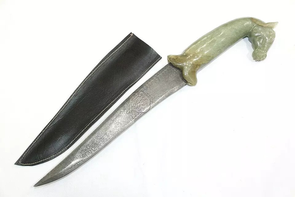 Dagger Knife Damascus Steel Blade Horse Jade Stone Handle Silver Koftgiri C968
