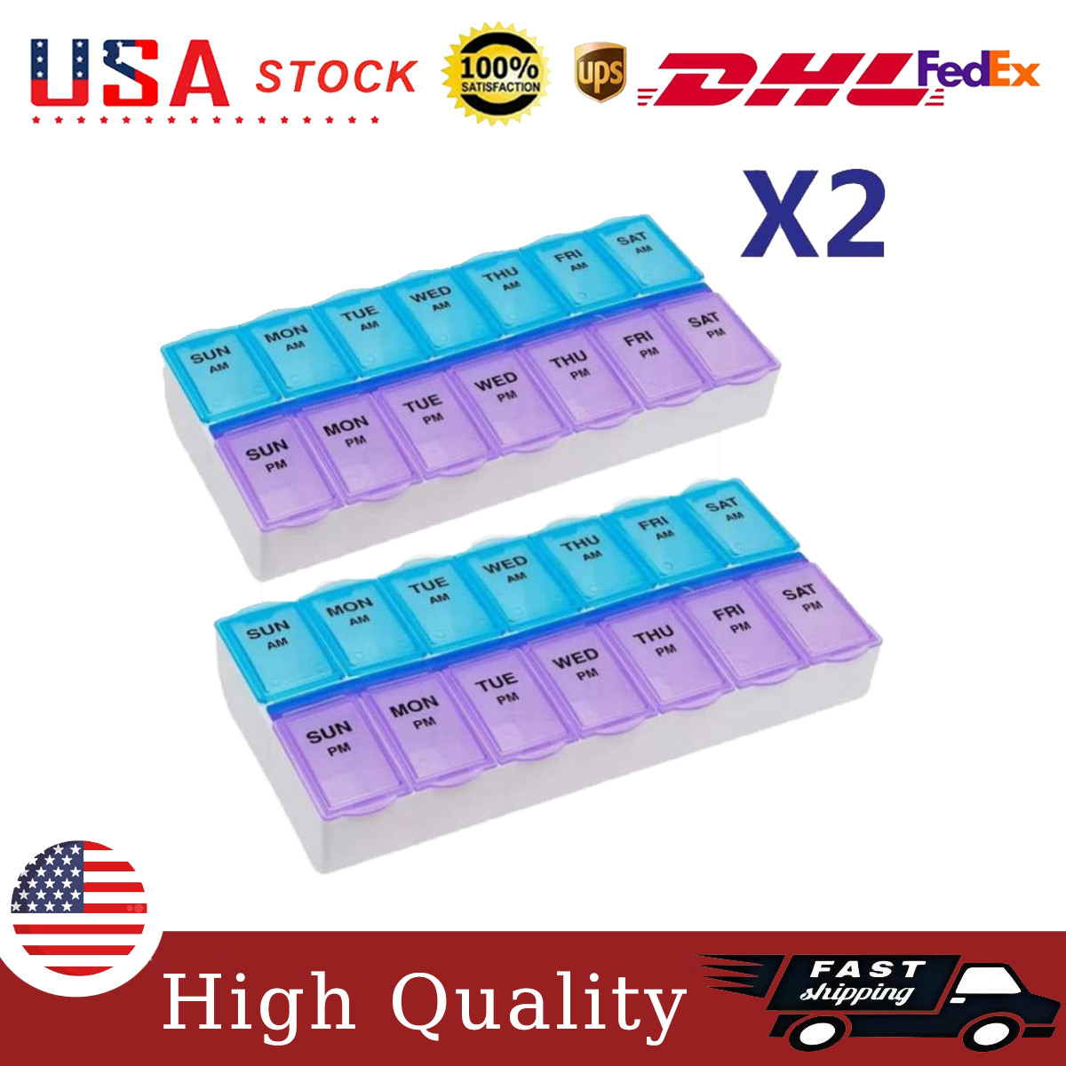 2Pcs Organizer Case Medicine Weekly Pill Box Organizer Twice a Day 7 day AMPM US