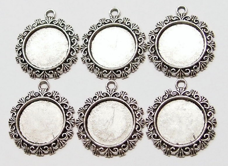 6 of 20mm Round Antique Silver Victorian Thick Crowns Pendant Settings 35x30mm