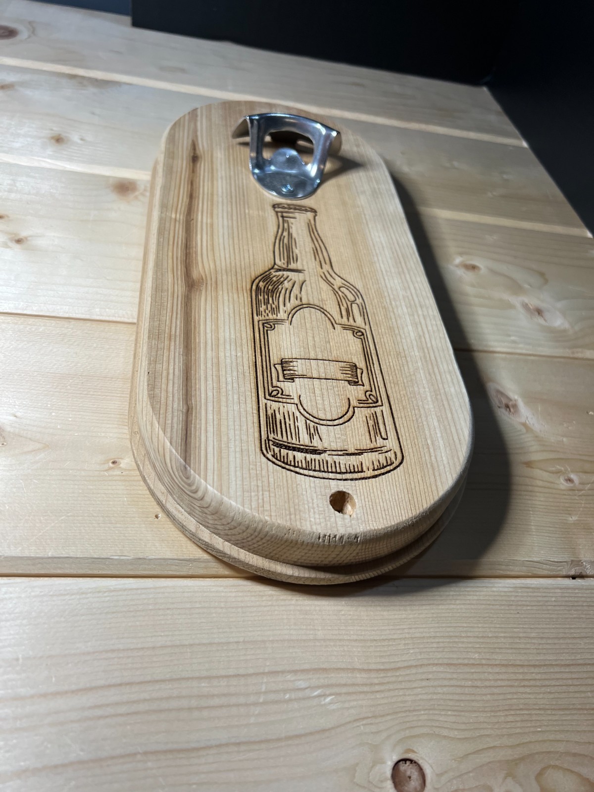 Cedar Wall Mounted Bottle Opener | Rustic Engraved Wood Bar Decor