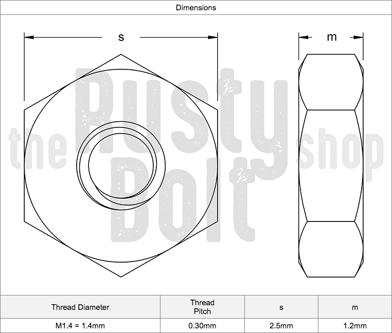 M1.4 Hex Nuts, A2 304 18-8, Stainless Steel