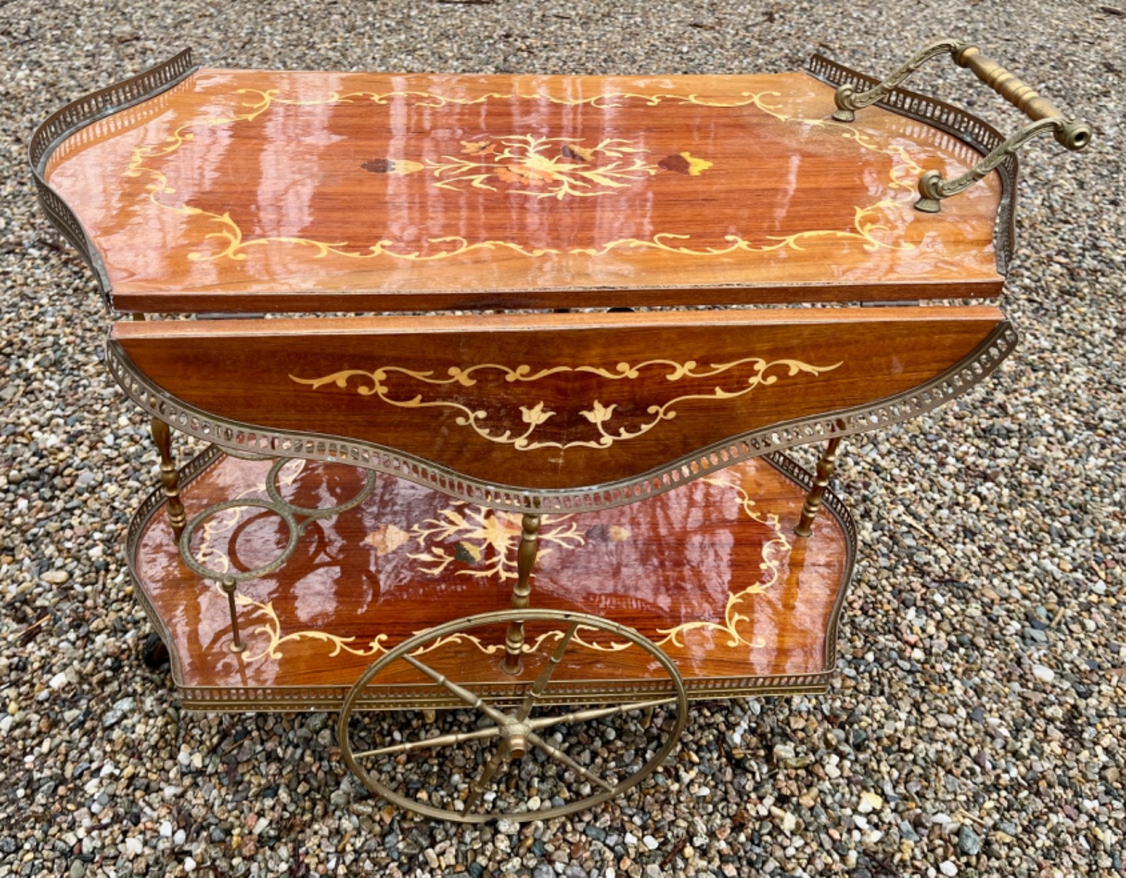 Rolling Bar Cart Trolley Marquetry Wood Inlay Sides Fold Up Brass Galleries