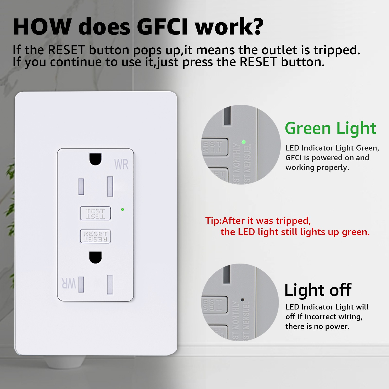 8PK Slim Design GFCI Outlet 15A Residential & Commercial Grade Wet Location Use