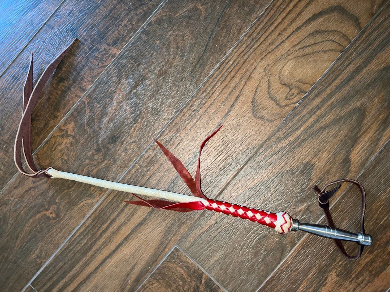 Quirt Hand Braided 8 Ply Red Leather Hard w Stainless Steel Handle Whip Horse T