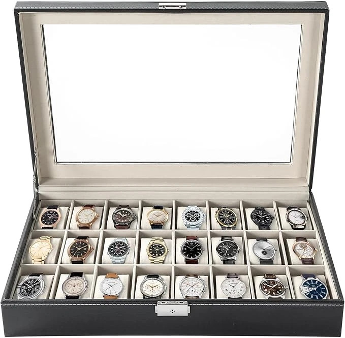 24 Slots Watch Box PU Leather Watch Case Organizer Watch Display Case Lockable ✅