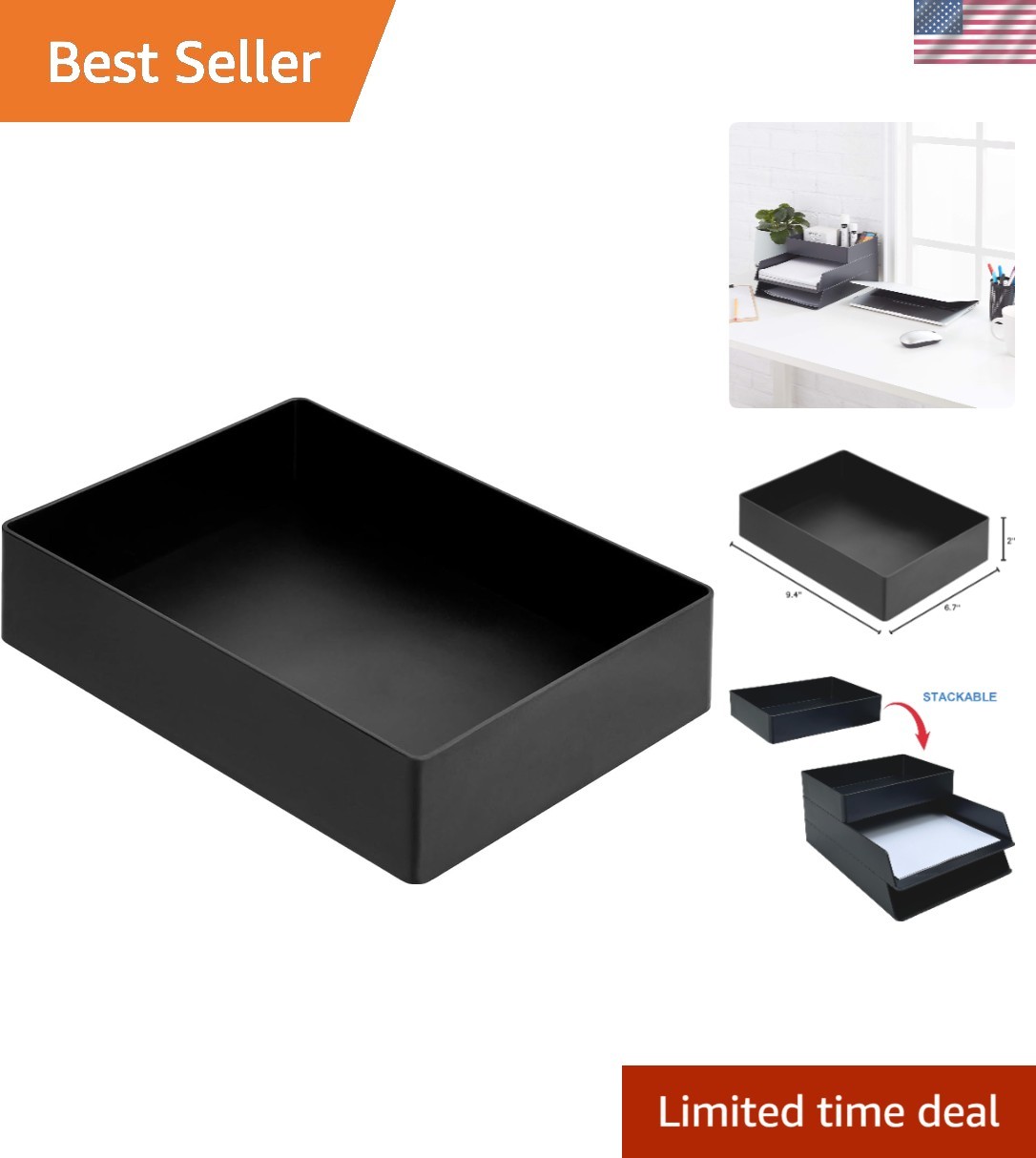 Rectangular Plastic Desk Organizer with Storage Trays, Accessory Tray for Off...