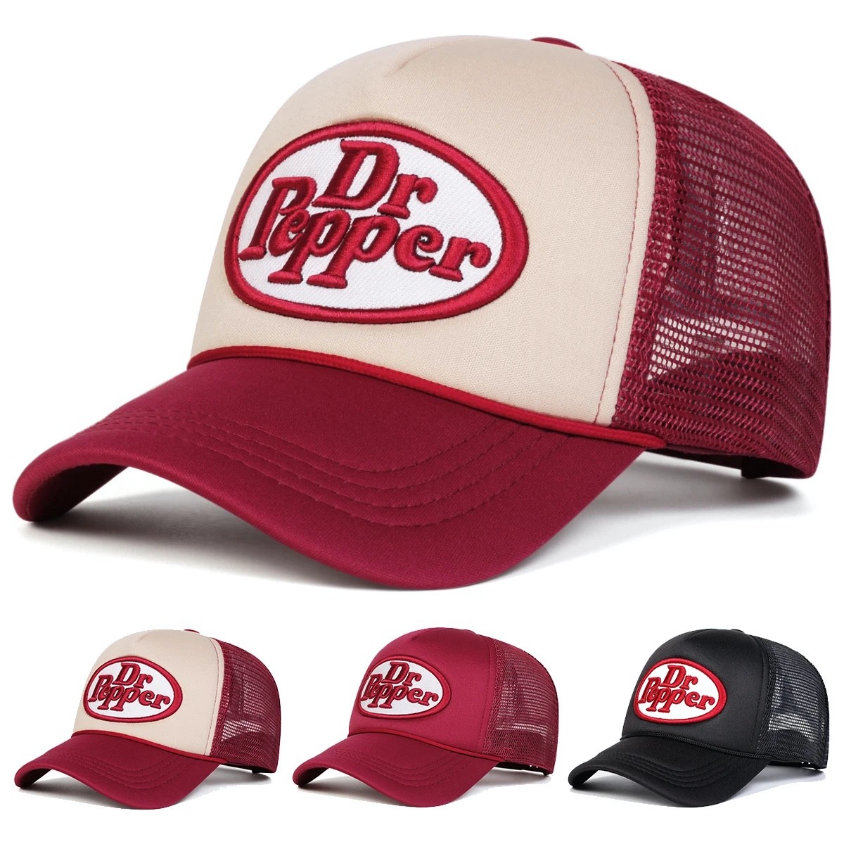 Dr Pepper Unisex Embroidery Baseball Cap Trucker hat Red And Black Colors