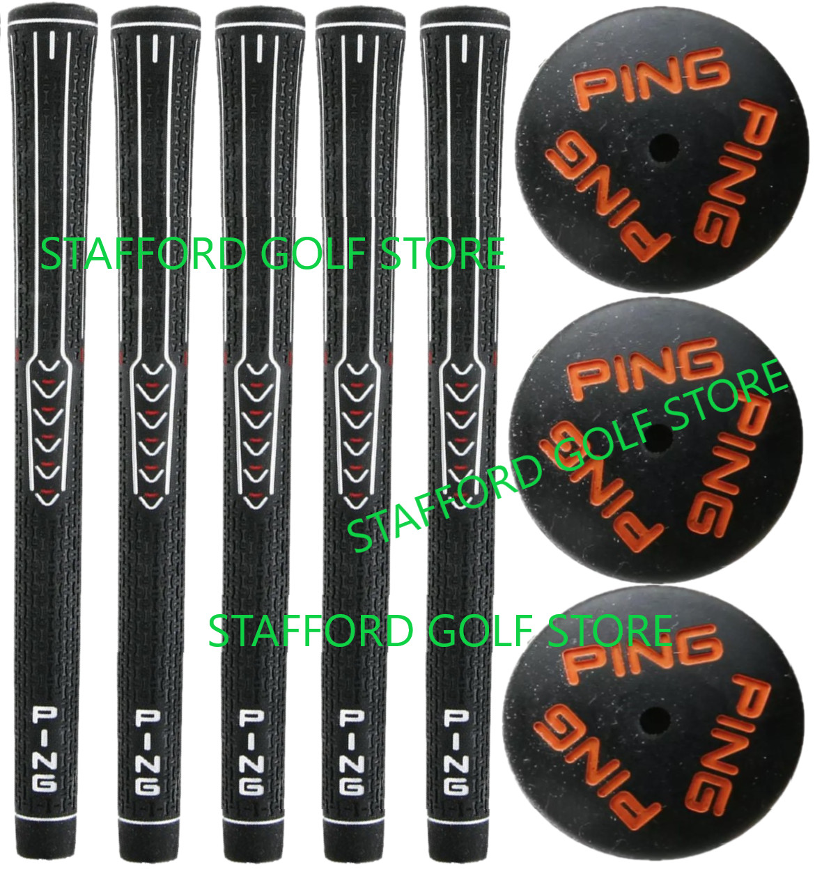 Ping ID-8 Golf Grips  .600" Ribbed Oversize +1/16" Black/Orange Cap-Set of 5/65g