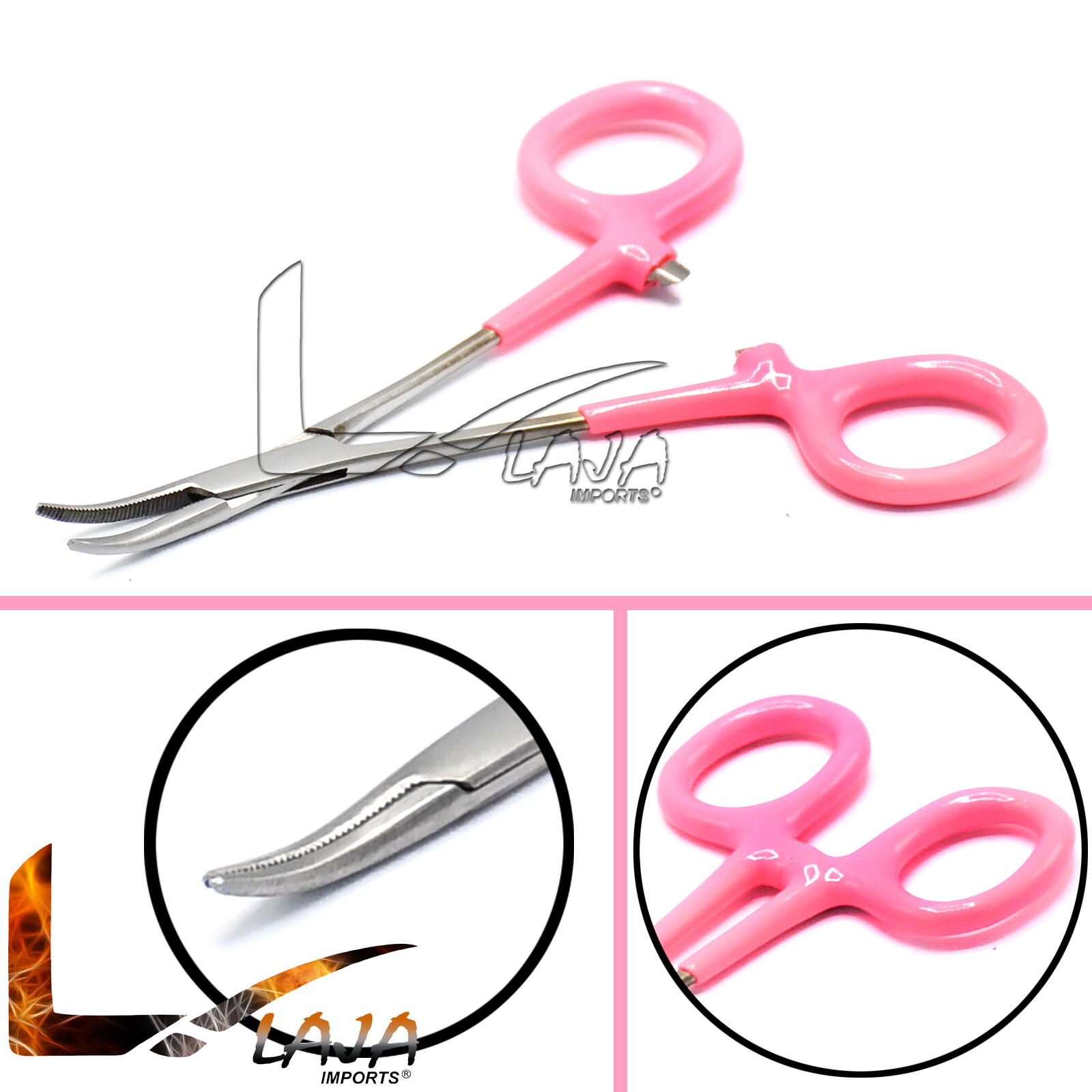 Stainless Steel Hemostat Curved with Pink PVC Grips, 5" Length