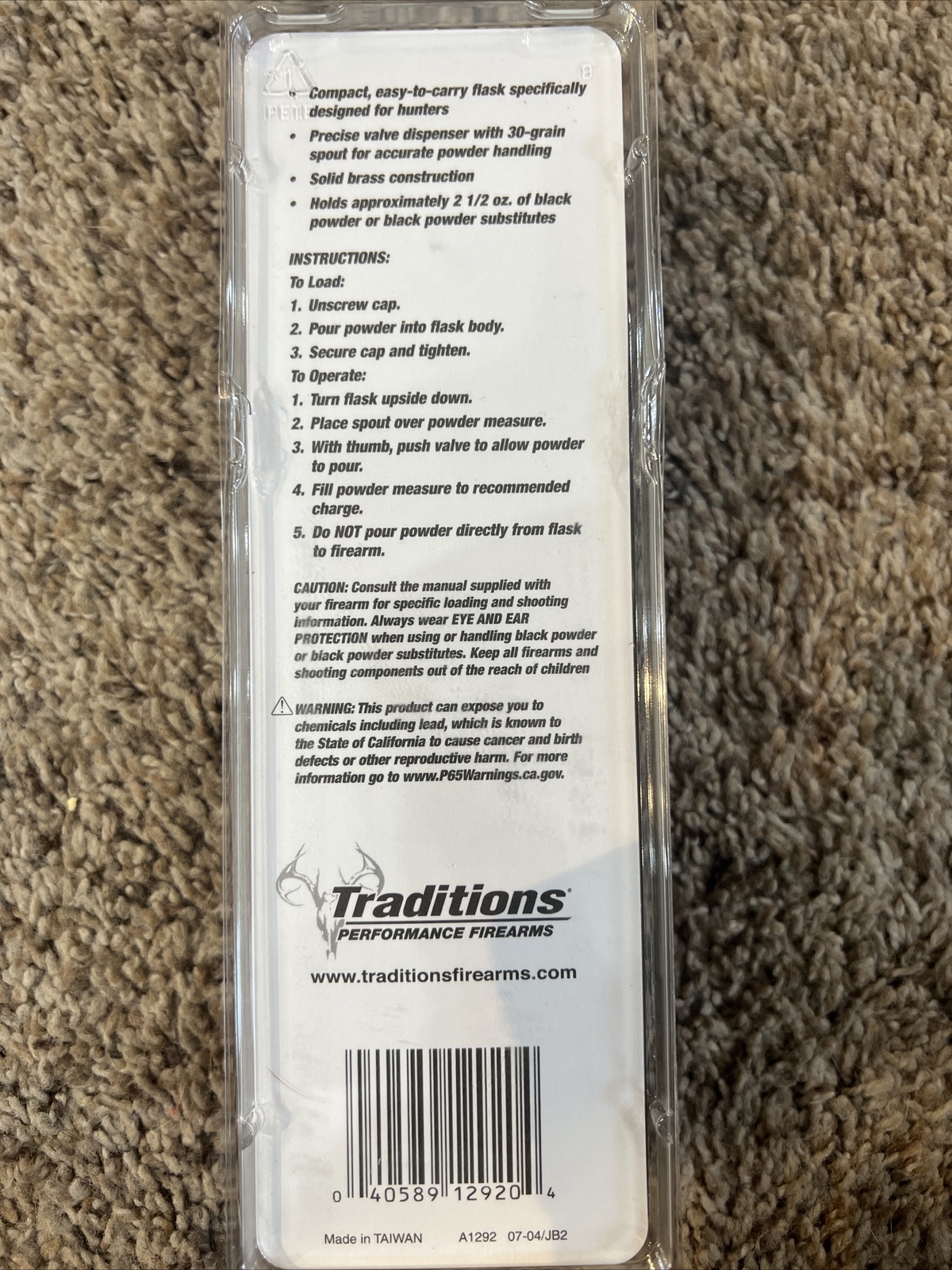 A1292 Traditions Solid Brass Black Powder Field Flask 2-1/2oz Capacity New!